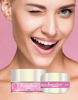Tarjeta de promocion Modelo joven recomienda la crema kerathor